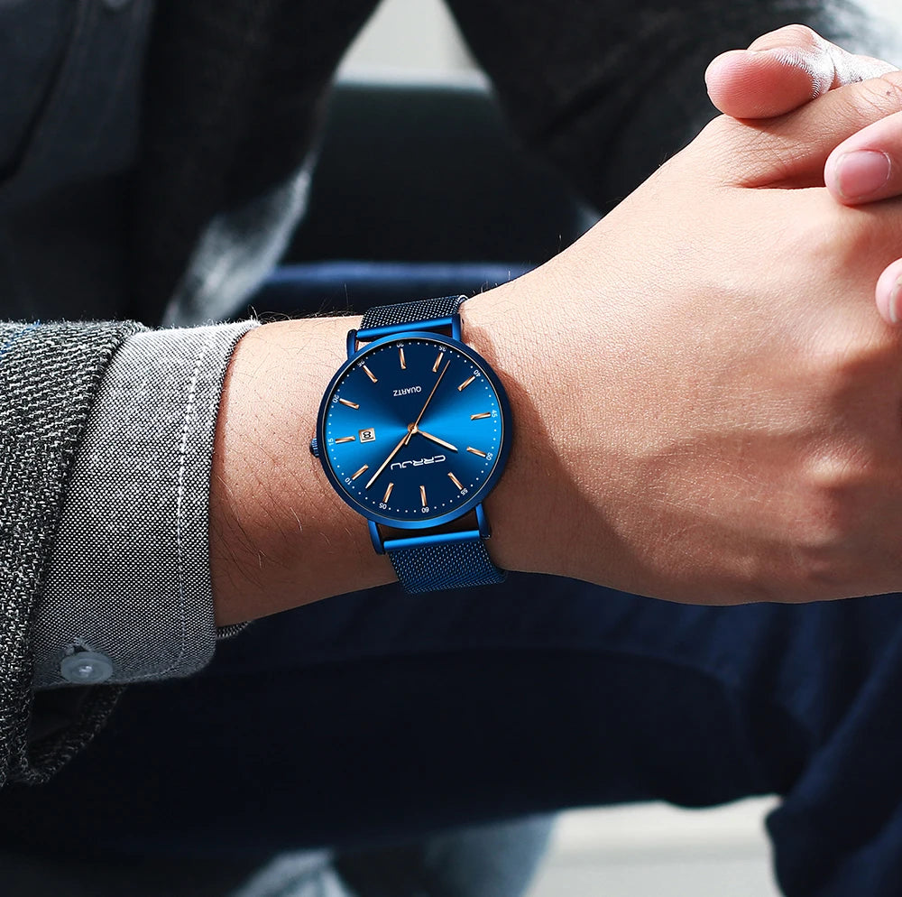 Montre à quartz pour homme CRRJU – Modèle de luxe, étanche, cadran bleu, design fin et élégant, avec affichage de la date, bracelet en maille métallique, style sportif et décontracté