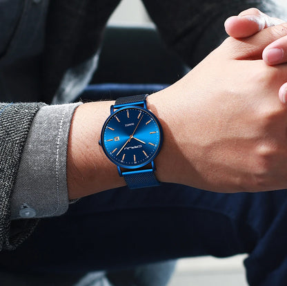 Montre à quartz pour homme CRRJU – Modèle de luxe, étanche, cadran bleu, design fin et élégant, avec affichage de la date, bracelet en maille métallique, style sportif et décontracté