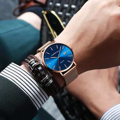 Montre à quartz pour homme CRRJU – Modèle de luxe, étanche, cadran bleu, design fin et élégant, avec affichage de la date, bracelet en maille métallique, style sportif et décontracté