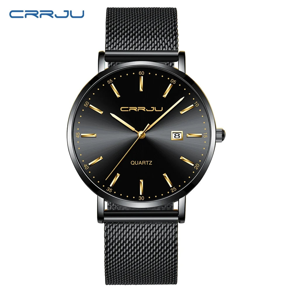 Montre à quartz pour homme CRRJU – Modèle de luxe, étanche, cadran bleu, design fin et élégant, avec affichage de la date, bracelet en maille métallique, style sportif et décontracté