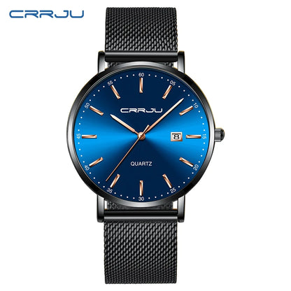 Montre à quartz pour homme CRRJU – Modèle de luxe, étanche, cadran bleu, design fin et élégant, avec affichage de la date, bracelet en maille métallique, style sportif et décontracté