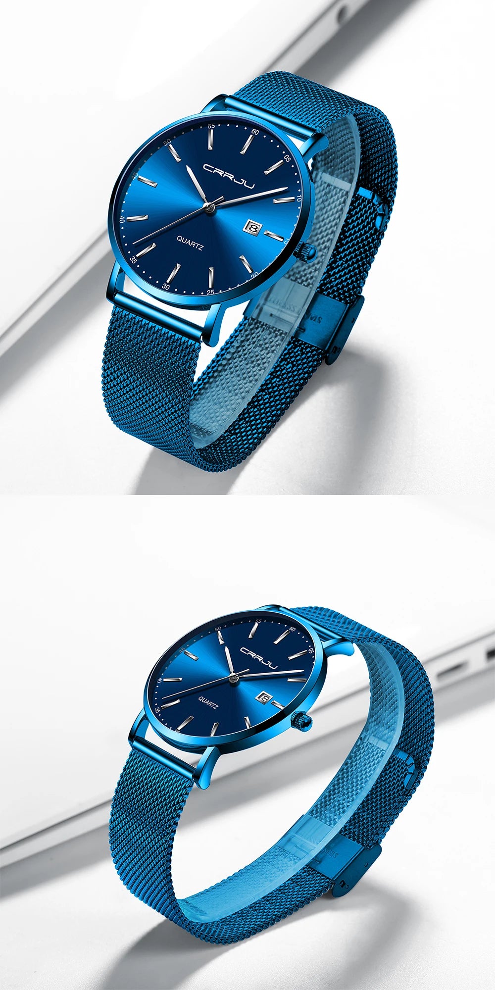 Montre à quartz pour homme CRRJU – Modèle de luxe, étanche, cadran bleu, design fin et élégant, avec affichage de la date, bracelet en maille métallique, style sportif et décontracté