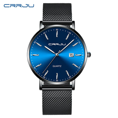 Montre à quartz pour homme CRRJU – Modèle de luxe, étanche, cadran bleu, design fin et élégant, avec affichage de la date, bracelet en maille métallique, style sportif et décontracté