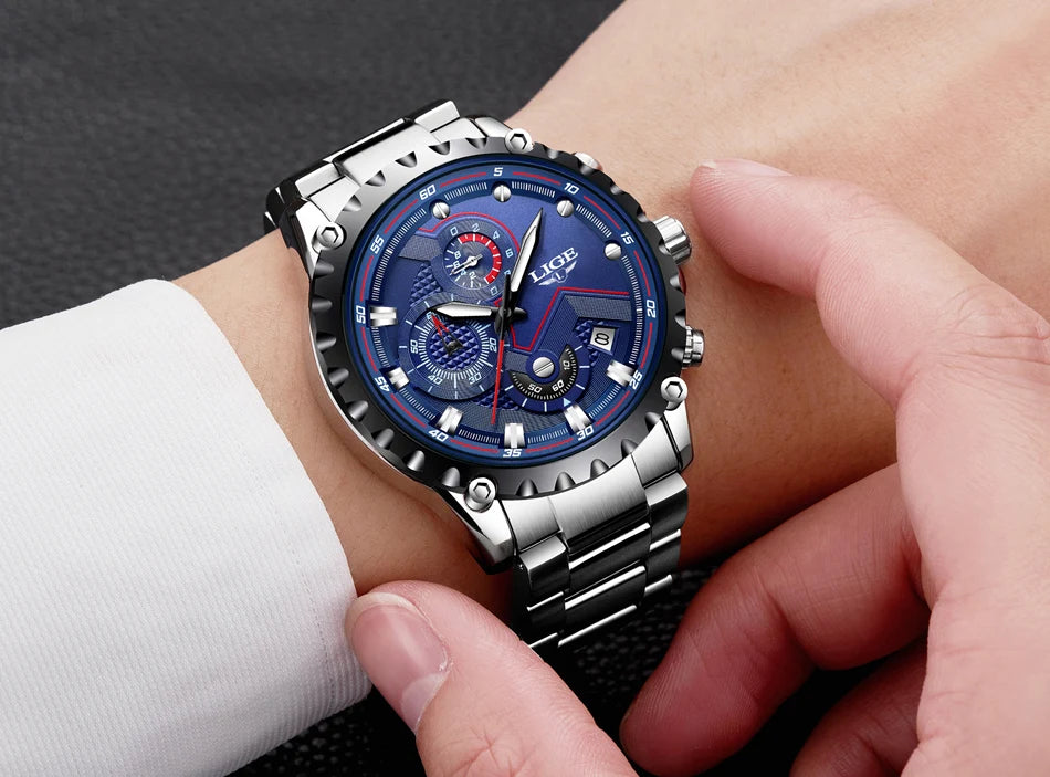 Montre pour homme LIGE – Montre à quartz tendance, marque de luxe, tout en acier, style professionnel, étanche et sportive – Livrée avec boîte