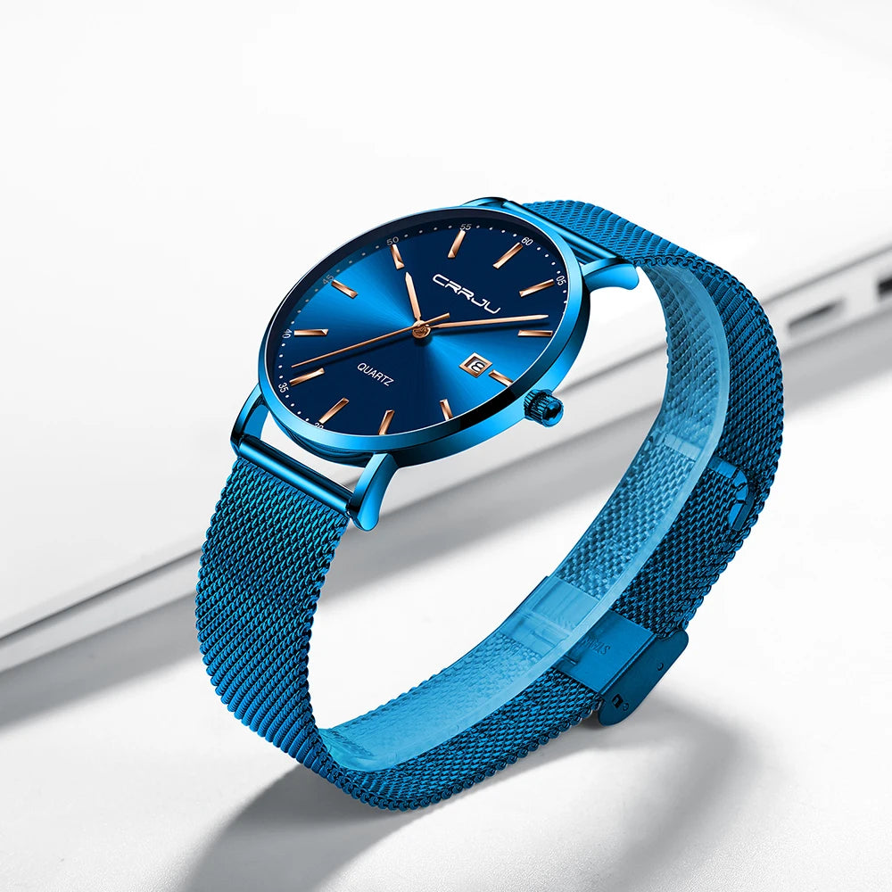 Montre à quartz pour homme CRRJU – Modèle de luxe, étanche, cadran bleu, design fin et élégant, avec affichage de la date, bracelet en maille métallique, style sportif et décontracté
