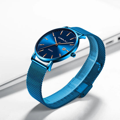 Montre à quartz pour homme CRRJU – Modèle de luxe, étanche, cadran bleu, design fin et élégant, avec affichage de la date, bracelet en maille métallique, style sportif et décontracté