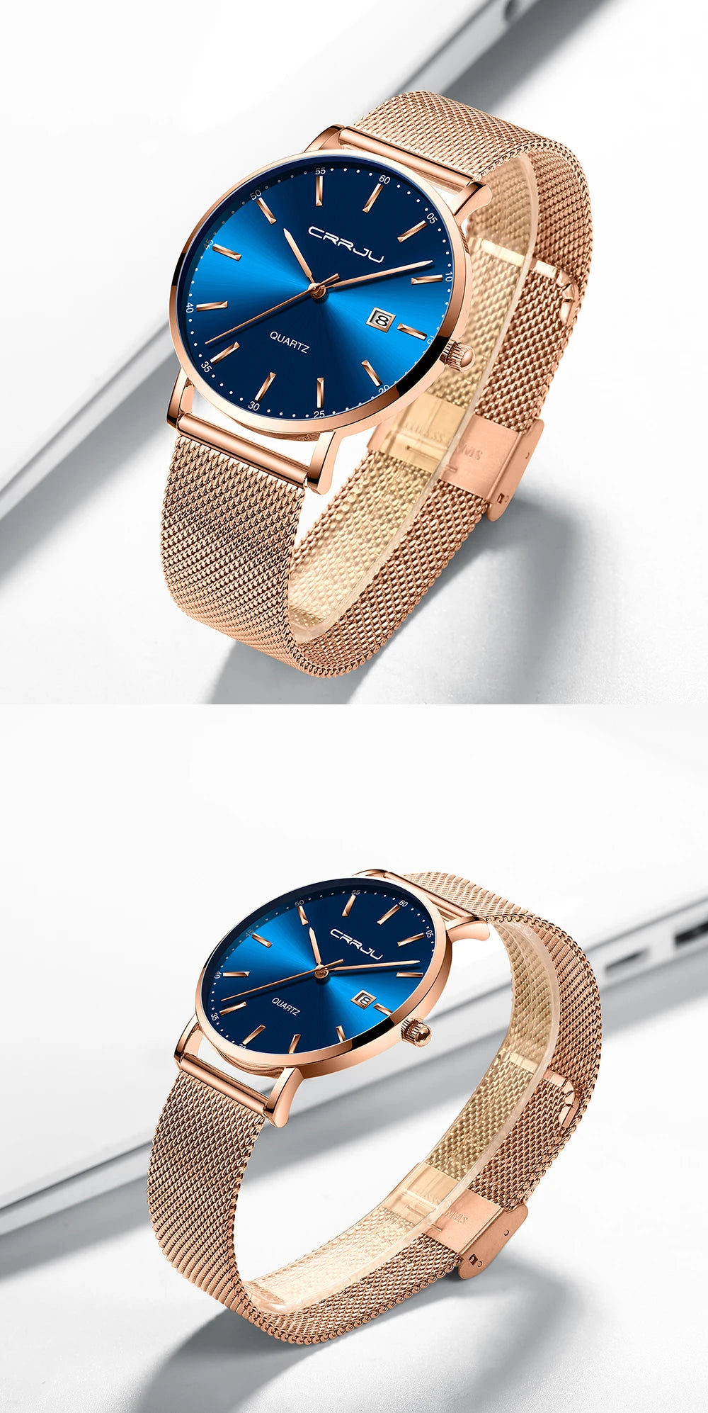 Montre à quartz pour homme CRRJU – Modèle de luxe, étanche, cadran bleu, design fin et élégant, avec affichage de la date, bracelet en maille métallique, style sportif et décontracté