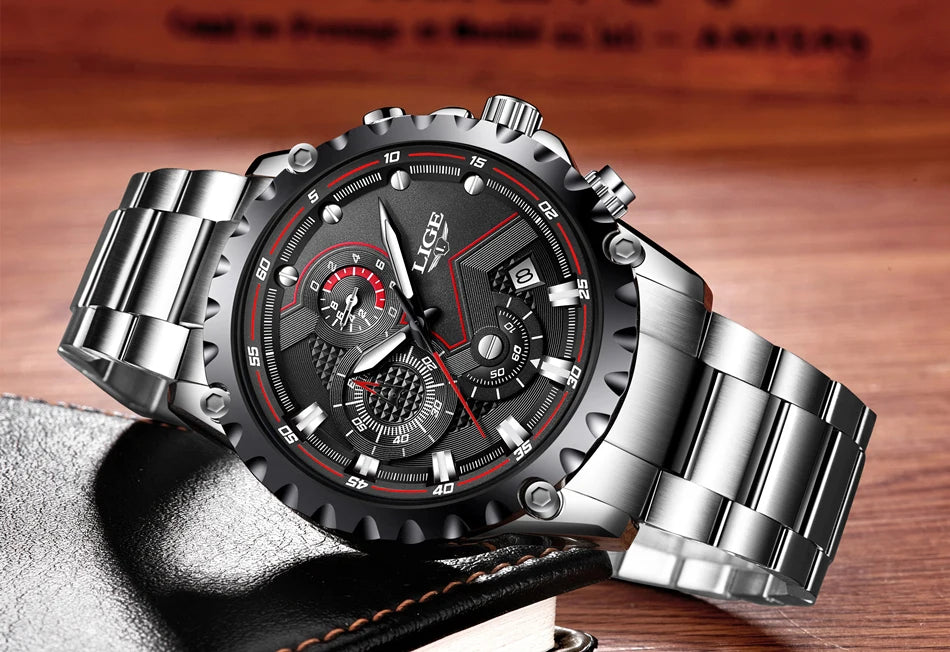 Montre pour homme LIGE – Montre à quartz tendance, marque de luxe, tout en acier, style professionnel, étanche et sportive – Livrée avec boîte