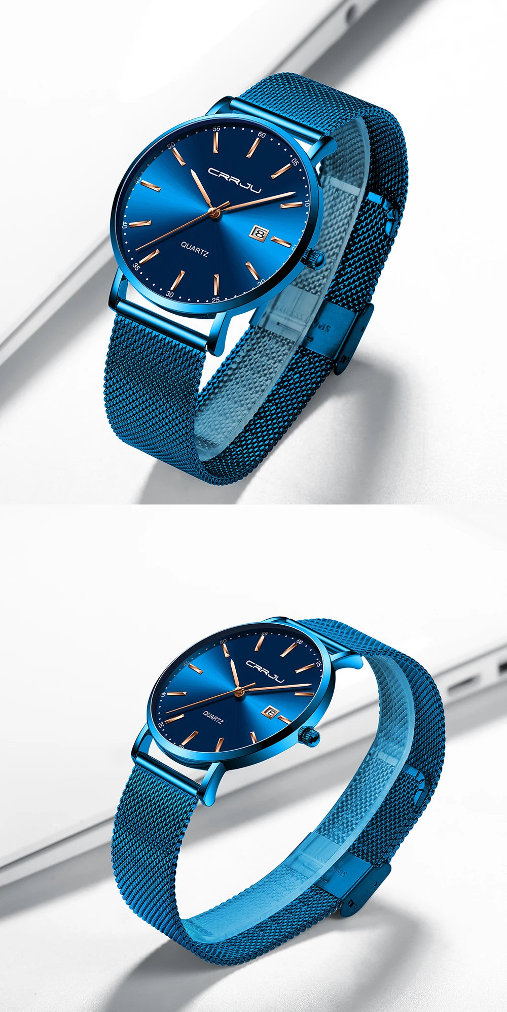 Montre à quartz pour homme CRRJU – Modèle de luxe, étanche, cadran bleu, design fin et élégant, avec affichage de la date, bracelet en maille métallique, style sportif et décontracté