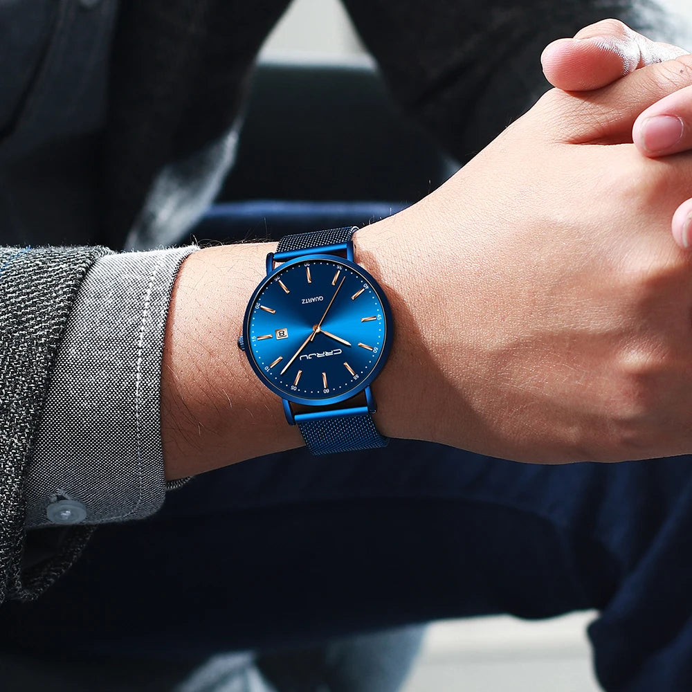 Montre à quartz pour homme CRRJU – Modèle de luxe, étanche, cadran bleu, design fin et élégant, avec affichage de la date, bracelet en maille métallique, style sportif et décontracté