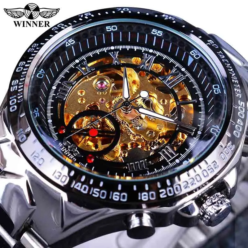 Montre pour homme Winner – Design sportif, lunette travaillée, style tendance, marque de prestige, montre automatique à mécanisme apparent (squelette)
