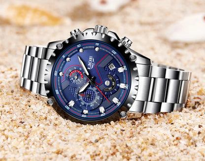 Montre pour homme LIGE – Montre à quartz tendance, marque de luxe, tout en acier, style professionnel, étanche et sportive – Livrée avec boîte