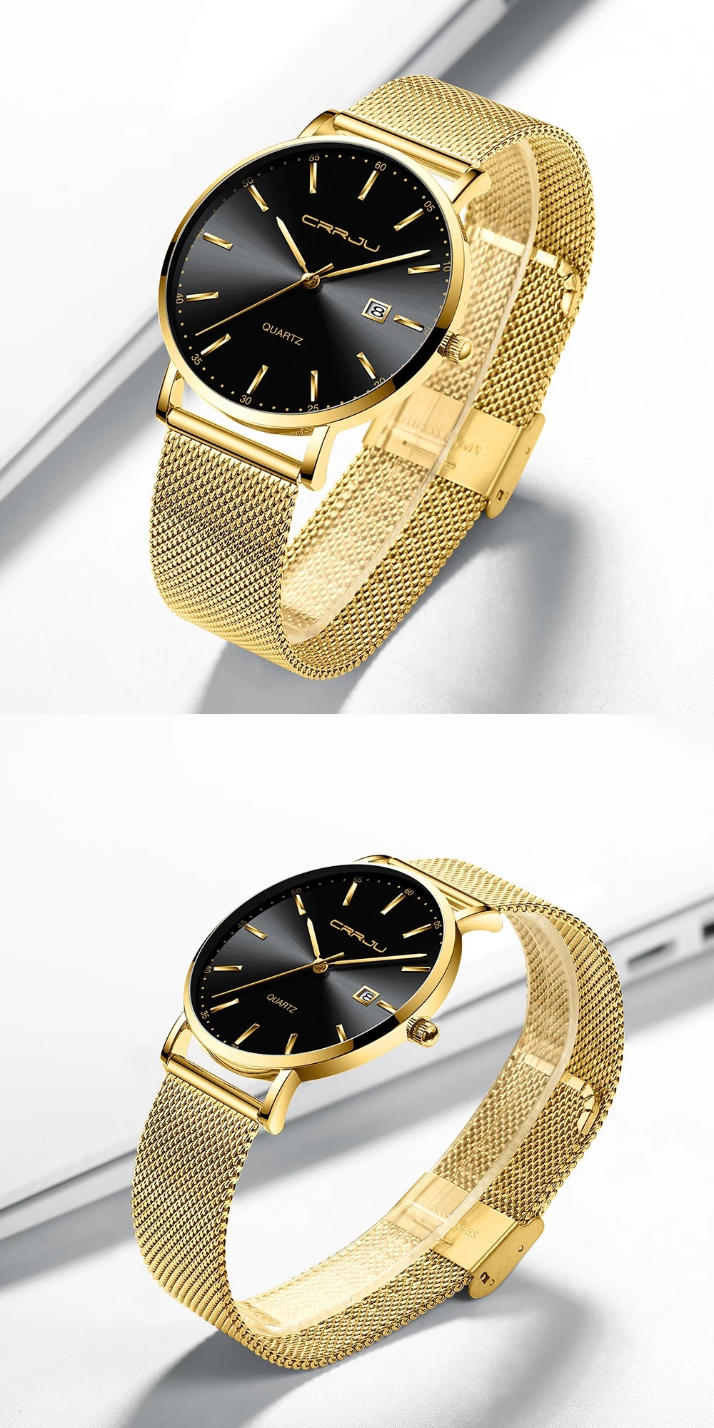 Montre à quartz pour homme CRRJU – Modèle de luxe, étanche, cadran bleu, design fin et élégant, avec affichage de la date, bracelet en maille métallique, style sportif et décontracté