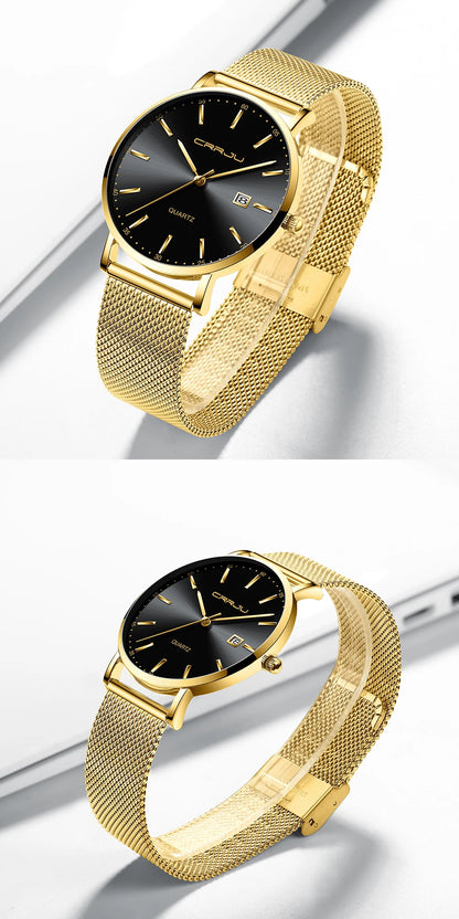Montre à quartz pour homme CRRJU – Modèle de luxe, étanche, cadran bleu, design fin et élégant, avec affichage de la date, bracelet en maille métallique, style sportif et décontracté