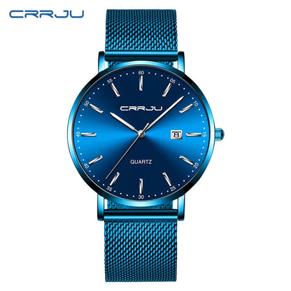 Montre à quartz pour homme CRRJU – Modèle de luxe, étanche, cadran bleu, design fin et élégant, avec affichage de la date, bracelet en maille métallique, style sportif et décontracté