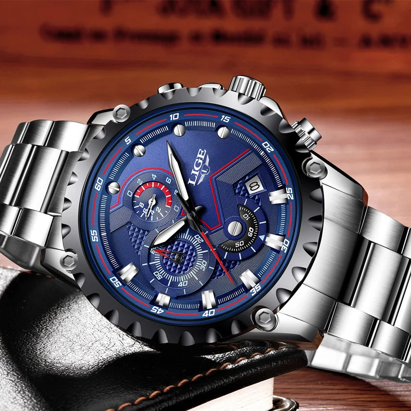 Montre pour homme LIGE – Montre à quartz tendance, marque de luxe, tout en acier, style professionnel, étanche et sportive – Livrée avec boîte