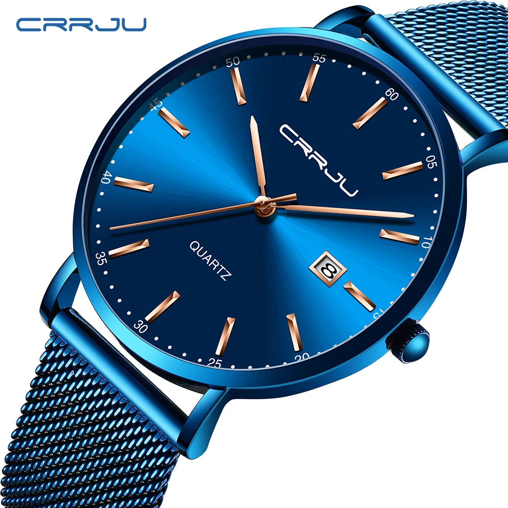 Montre à quartz pour homme CRRJU – Modèle de luxe, étanche, cadran bleu, design fin et élégant, avec affichage de la date, bracelet en maille métallique, style sportif et décontracté
