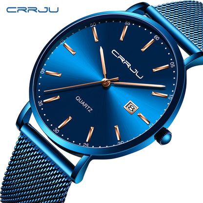 Montre à quartz pour homme CRRJU – Modèle de luxe, étanche, cadran bleu, design fin et élégant, avec affichage de la date, bracelet en maille métallique, style sportif et décontracté