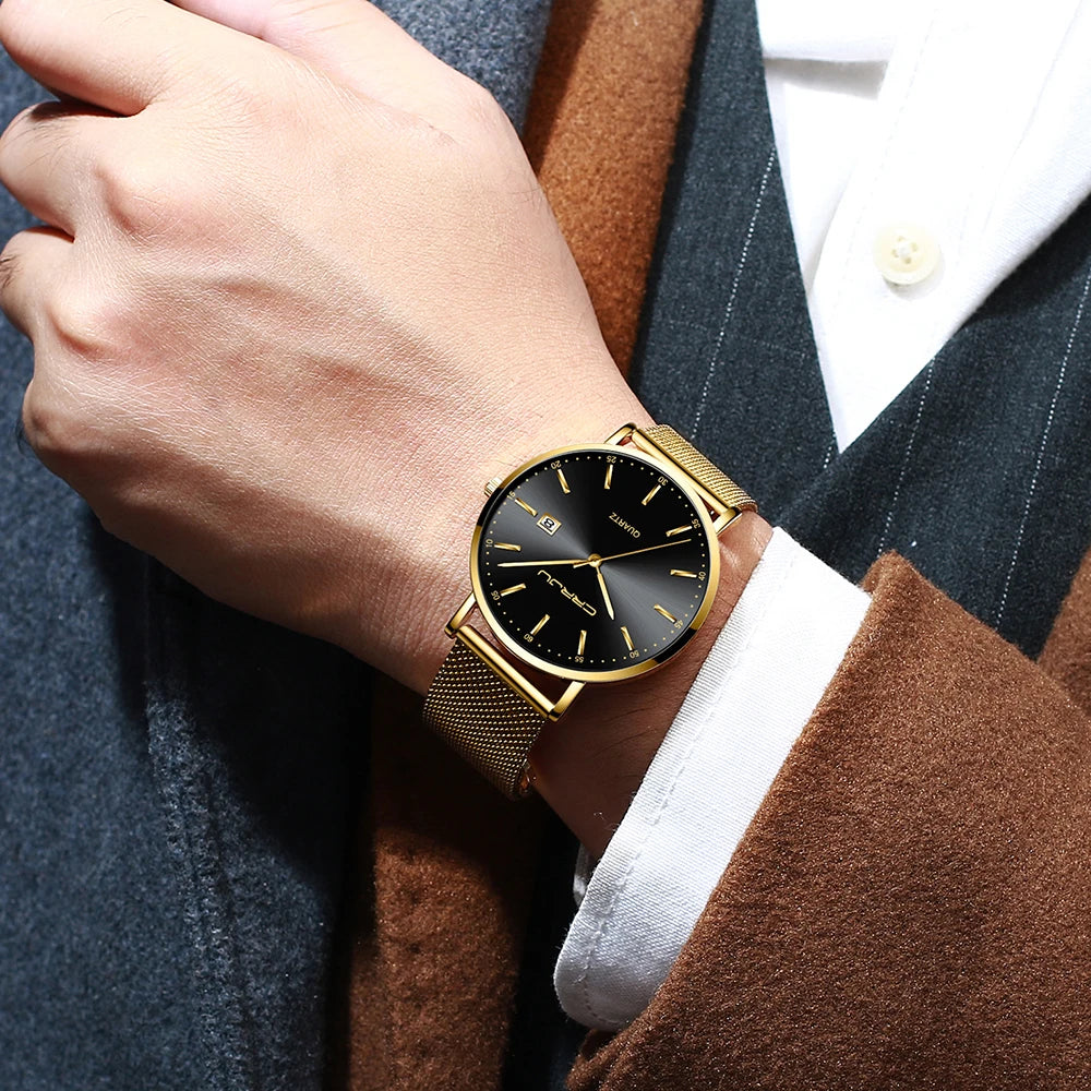 Montre à quartz pour homme CRRJU – Modèle de luxe, étanche, cadran bleu, design fin et élégant, avec affichage de la date, bracelet en maille métallique, style sportif et décontracté