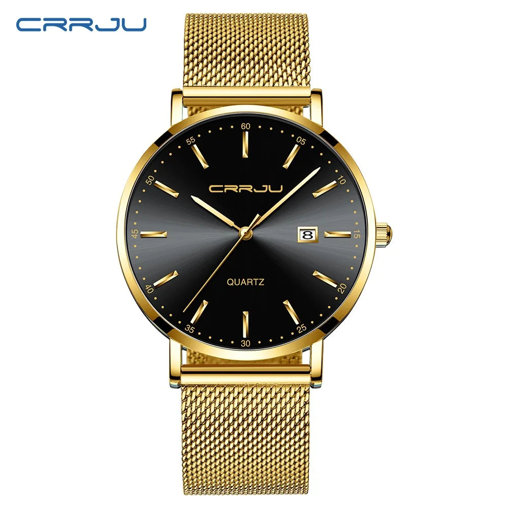 Montre à quartz pour homme CRRJU – Modèle de luxe, étanche, cadran bleu, design fin et élégant, avec affichage de la date, bracelet en maille métallique, style sportif et décontracté