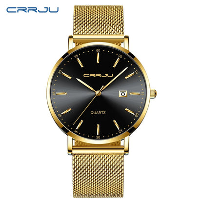 Montre à quartz pour homme CRRJU – Modèle de luxe, étanche, cadran bleu, design fin et élégant, avec affichage de la date, bracelet en maille métallique, style sportif et décontracté
