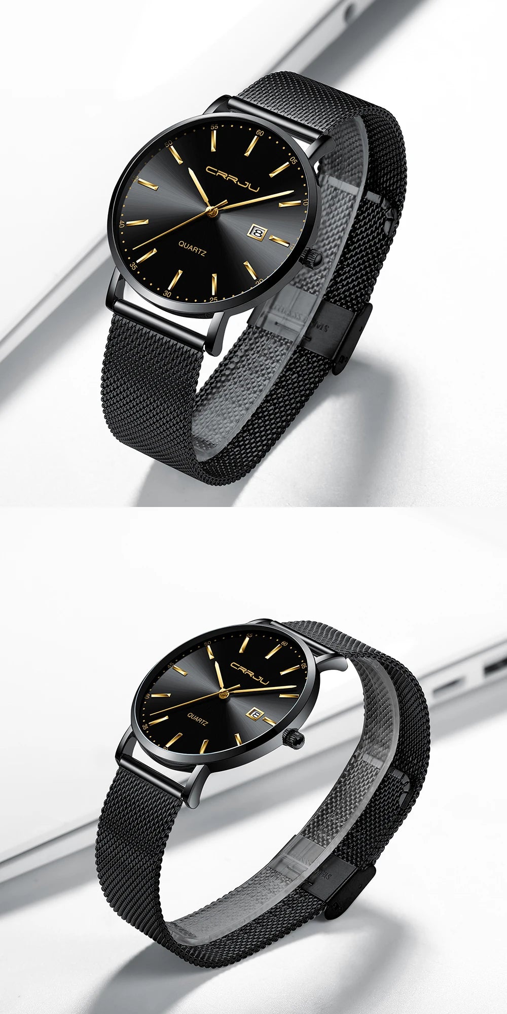 Montre à quartz pour homme CRRJU – Modèle de luxe, étanche, cadran bleu, design fin et élégant, avec affichage de la date, bracelet en maille métallique, style sportif et décontracté