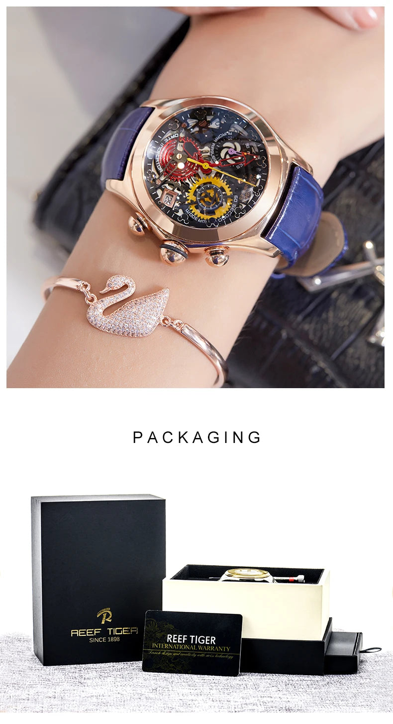 Reef Tiger New Designer Top Brand Luxury Fashion Watches for Women Steel Skeleton Watches Blue Strap Sport Watches RGA7181