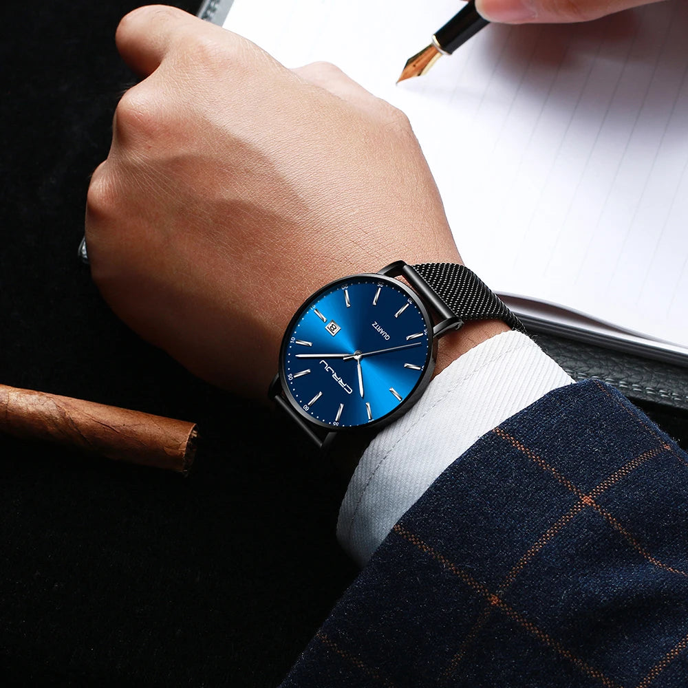 Montre à quartz pour homme CRRJU – Modèle de luxe, étanche, cadran bleu, design fin et élégant, avec affichage de la date, bracelet en maille métallique, style sportif et décontracté