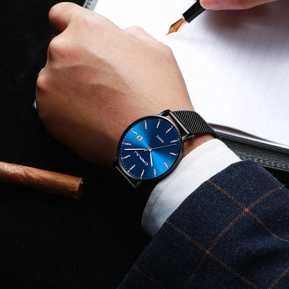 Montre à quartz pour homme CRRJU – Modèle de luxe, étanche, cadran bleu, design fin et élégant, avec affichage de la date, bracelet en maille métallique, style sportif et décontracté