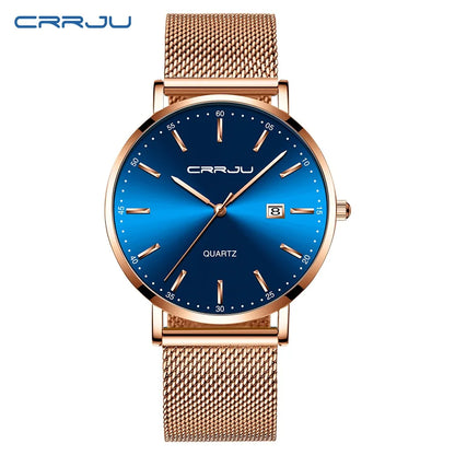 Montre à quartz pour homme CRRJU – Modèle de luxe, étanche, cadran bleu, design fin et élégant, avec affichage de la date, bracelet en maille métallique, style sportif et décontracté