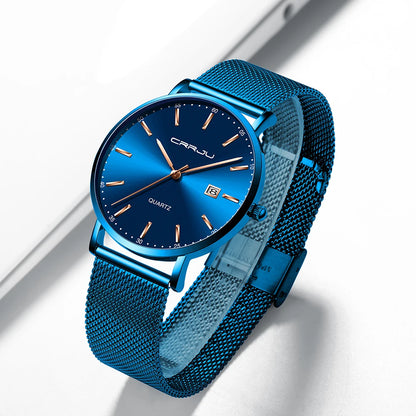 Montre à quartz pour homme CRRJU – Modèle de luxe, étanche, cadran bleu, design fin et élégant, avec affichage de la date, bracelet en maille métallique, style sportif et décontracté