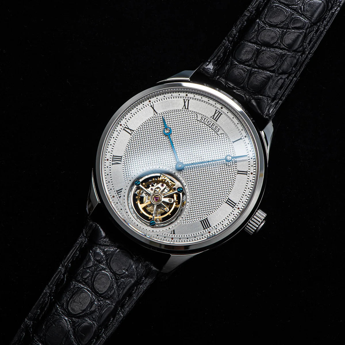 Sugess Tourbillon Men Watches ST8230 Genuine Tianjin Movement Mechanical Vintage Skeleton Wristwatch Elegant Crocodile Leather