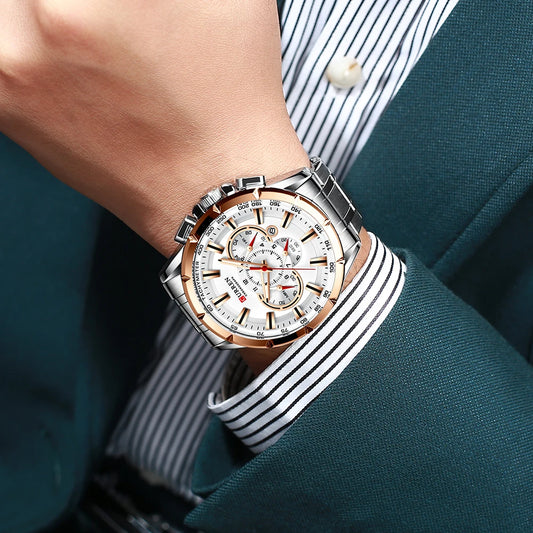 Montre pour homme CURREN – Montre-bracelet de luxe en acier inoxydable, style business, chronographe, modèle militaire à quartz