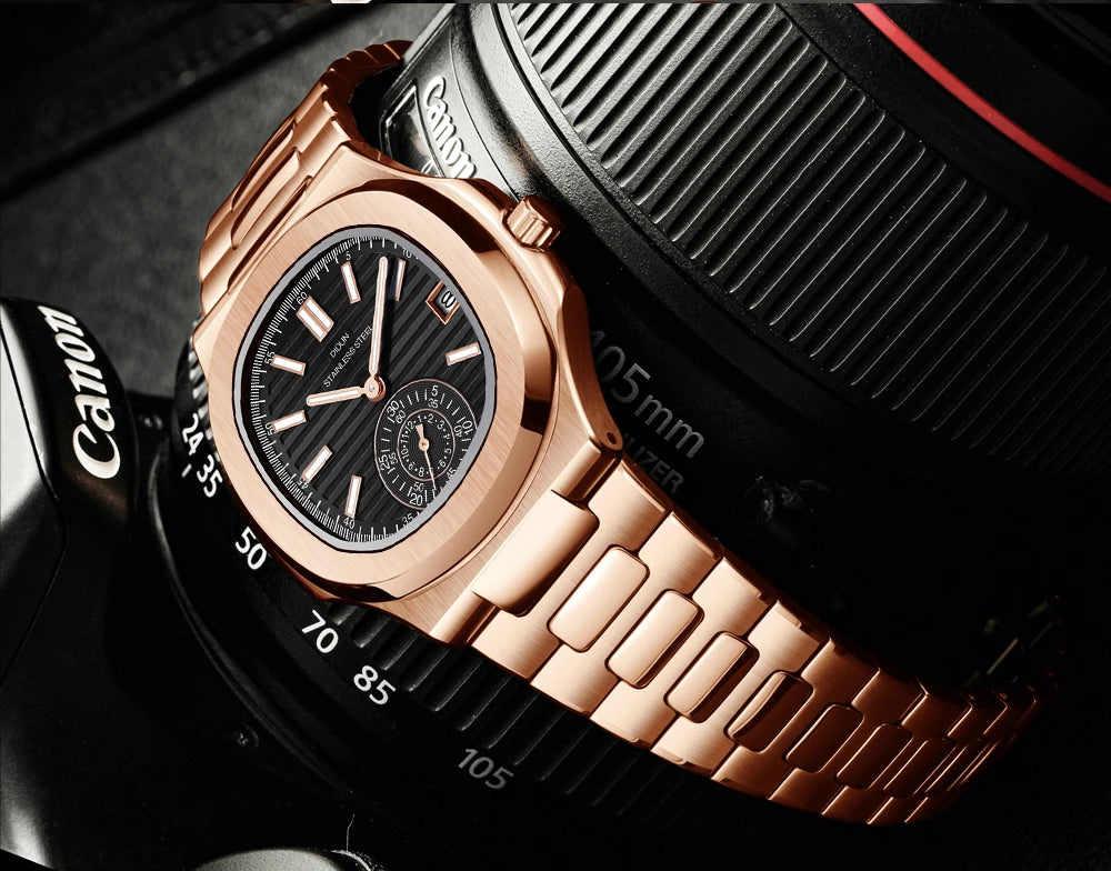 DIDUN Mens Watches Top Brand Luxury Business Stainless Watch Male Military Quartz Chronograph Analog Date Clock Steel Wristwatch