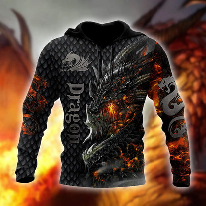 Piękna bluza z kapturem unisex z ognistym smokiem 3D i nadrukiem na całej powierzchni, męska bluza streetwear na jesień, casualowa kurtka dresowa KJ749