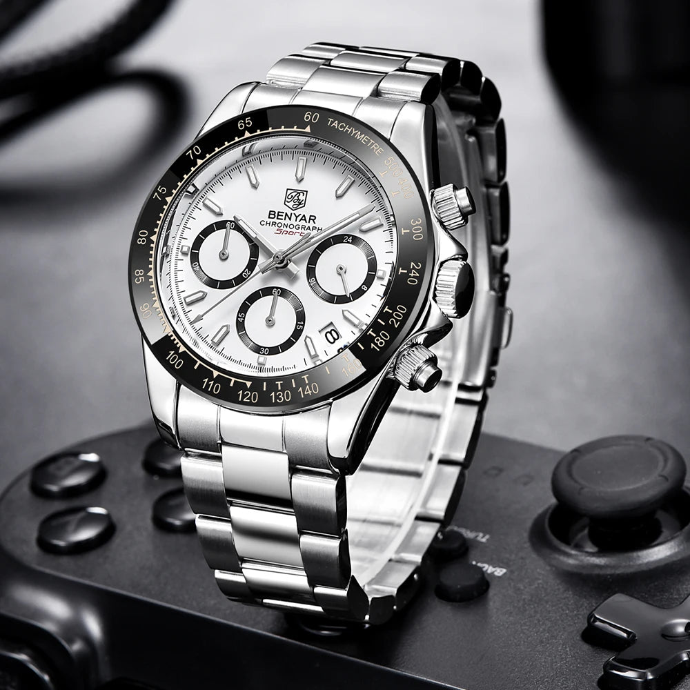 Montres pour hommes BENYAR – Chronographe de luxe, modèle sportif, étanche, en acier inoxydable, à mouvement à quartz