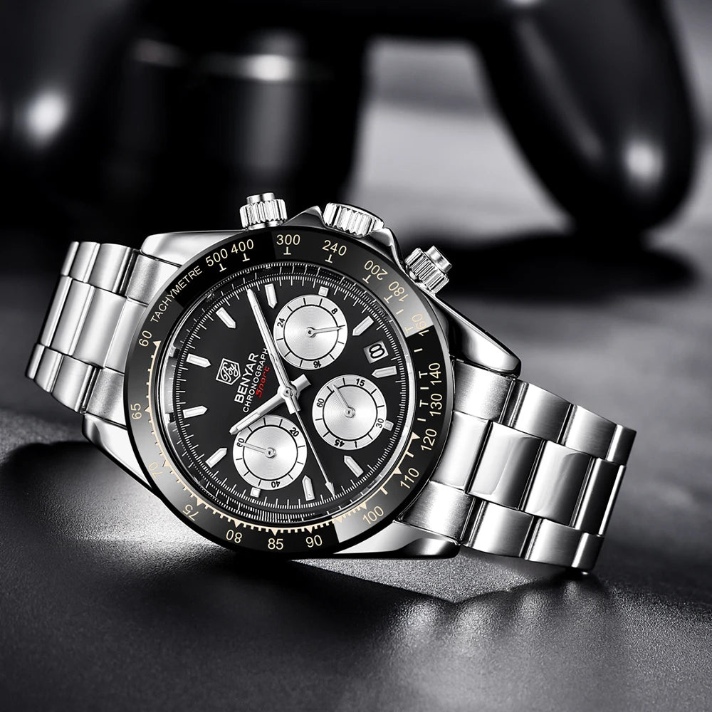 Montres pour hommes BENYAR – Chronographe de luxe, modèle sportif, étanche, en acier inoxydable, à mouvement à quartz