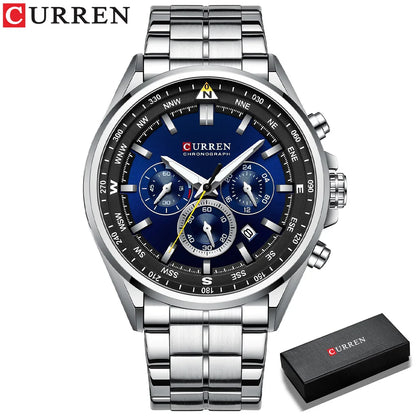 CURREN herenhorloge – Trendy horloge van een bekend merk, luxemodel, waterdicht, van staal, sportieve stijl, quartz-chronograaf