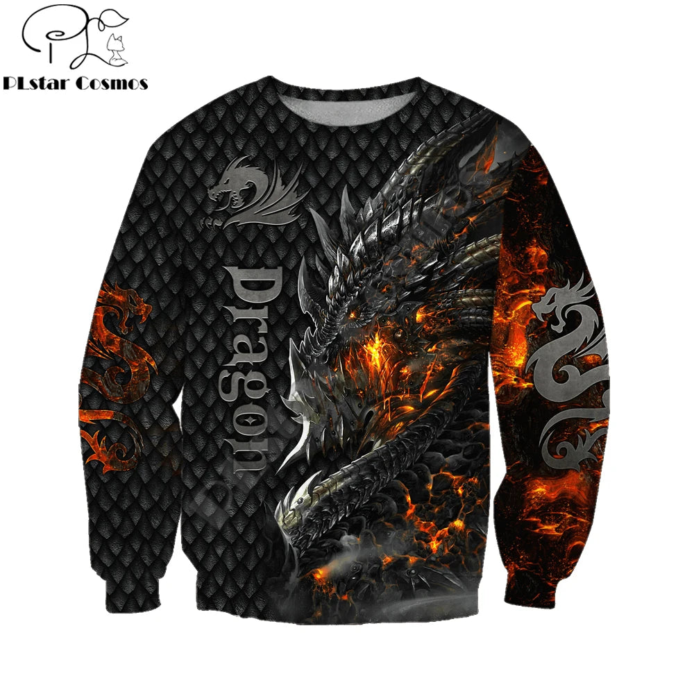 Piękna bluza z kapturem unisex z ognistym smokiem 3D i nadrukiem na całej powierzchni, męska bluza streetwear na jesień, casualowa kurtka dresowa KJ749