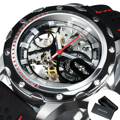 Relógio automático para homem WINNER – Modelo mecânico esqueletizado, ponteiros luminescentes, bracelete em borracha, estilo desportivo e luxuoso, ideal para atividades ao ar livre