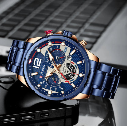 Orologio da uomo CURREN sportivo al quarzo con cronografo, in acciaio inox di lusso con quadrante luminoso