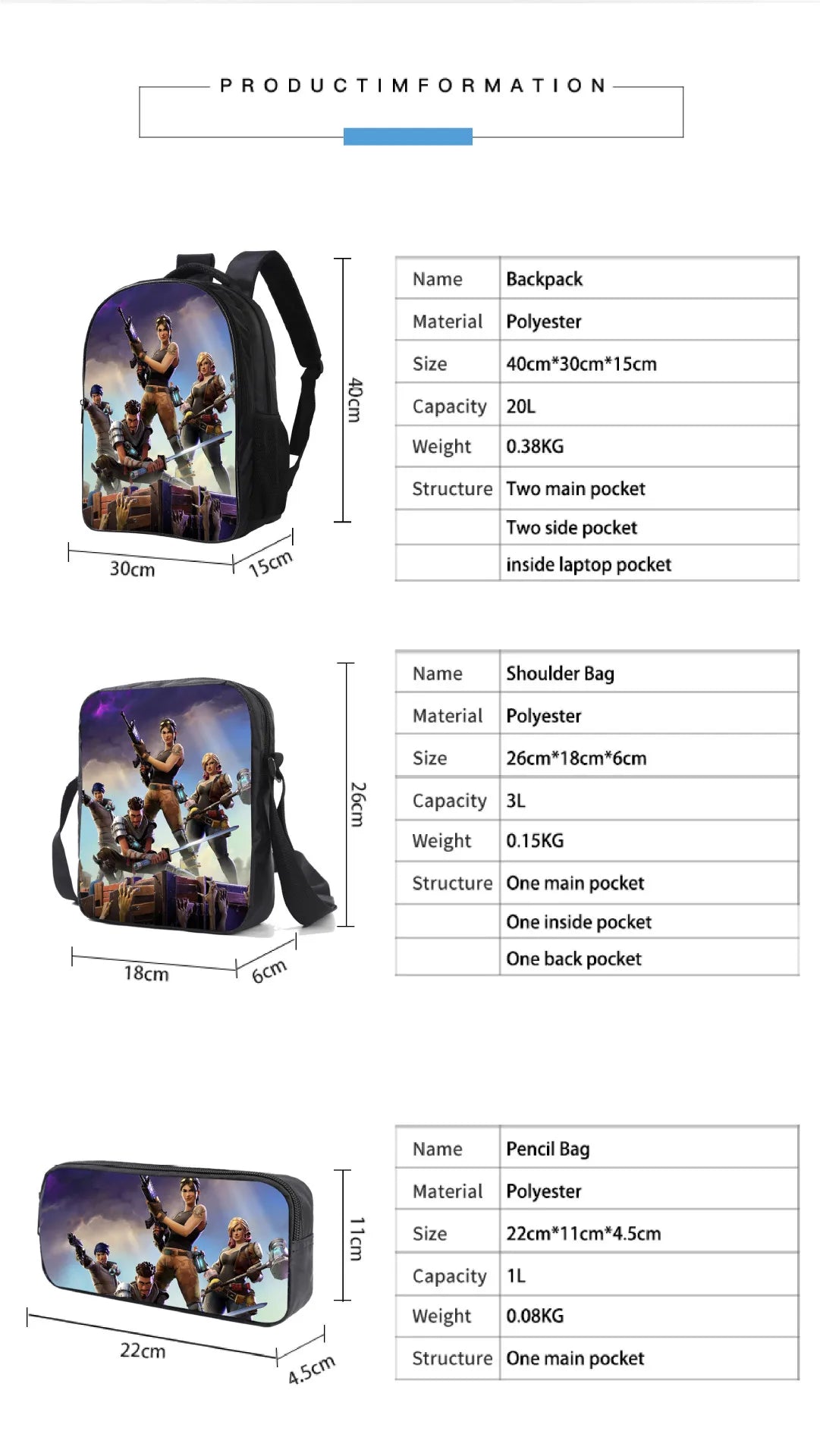 3Pcs/Sets Fortnite School Bags for Boys Girls Cartoon Battle Royale Game Book Bags Sets Games Backpacks School Gifts