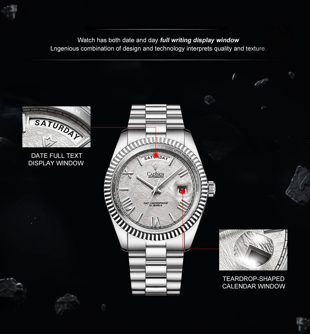 NEW 2025 CADISEN Men's Mechanical Watches Luxury Meteorite Dial Automatic Watch For Men Week 100M Japan MIYOTA 8285 Clock Man