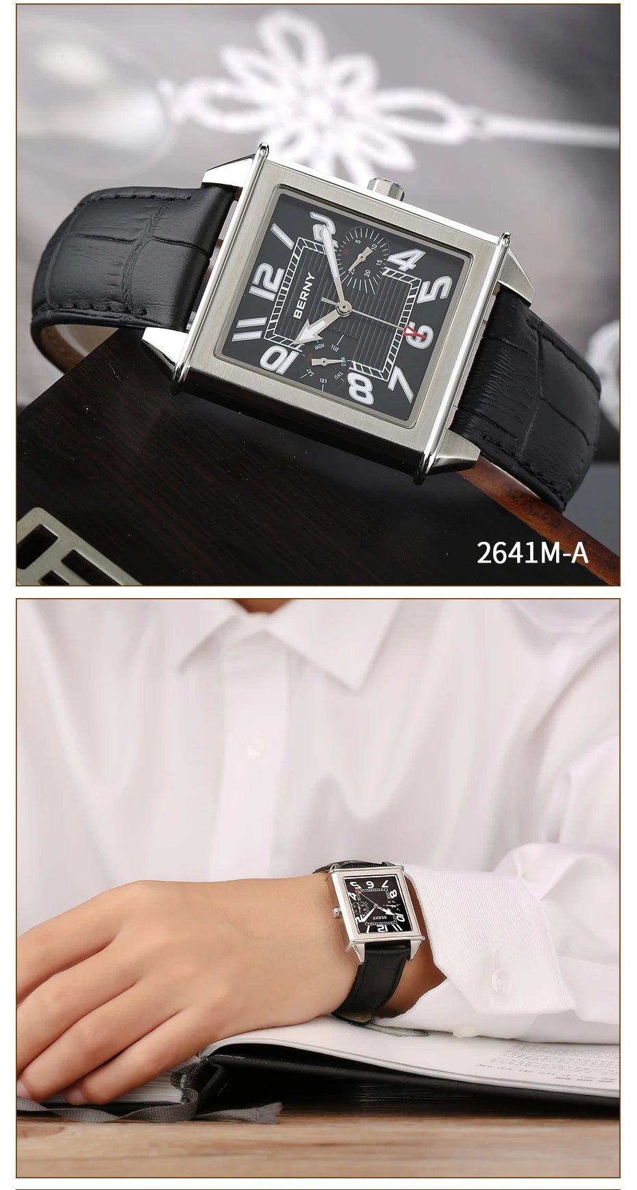 BERNY 6P25 Quartz Watch for Men Golden New Square Wristwatch Vintage Day Top Leather 3ATM Waterproof Luxury Watch Male