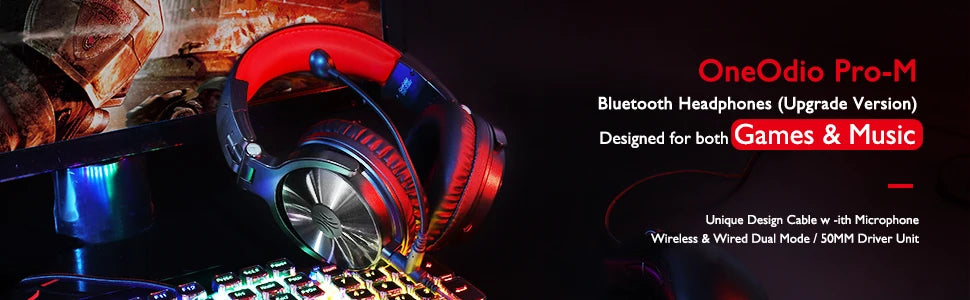 Auscultadores Gaming Sem Fios Bluetooth 5.2 OneOdio 110H – Autonomia de 110H, auscultadores over-ear com graves profundos e microfone, headset 2 em 1 com e sem fios para PC e PS4