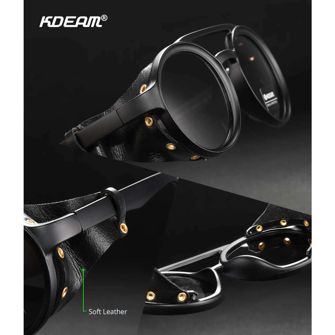 KDEAM Vintage Round Sunglasses Men Women Leather Shield Sun Glasses  Twin Bridge Designed Shade KD179
