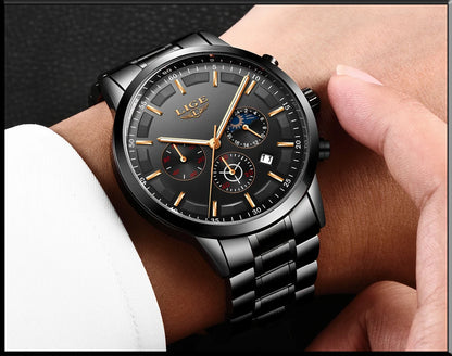 LIGE herenhorloge – Luxe quartz-chronograaf, waterdicht (3 bar), met lichtgevende wijzers – Cadeautip (inclusief doos)