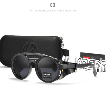 KDEAM Vintage Round Sunglasses Men Women Leather Shield Sun Glasses  Twin Bridge Designed Shade KD179