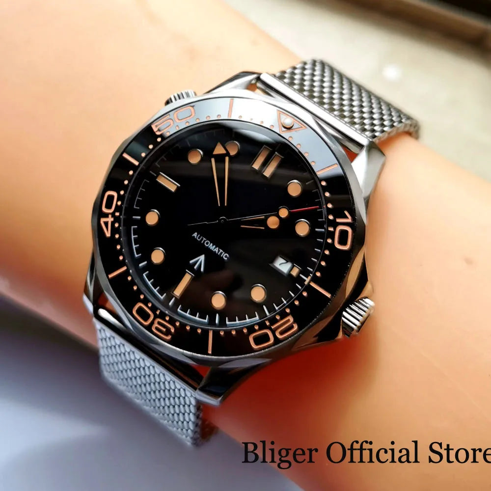 BLIGER 41mm Mechanical Men Watch Sapphire Glass Date 24 Jewel NH35PT5000 MIYOTA 8215 Stainless Steel Mesh Band Rotating Bezel