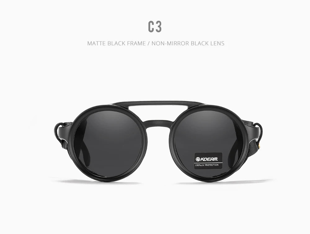 KDEAM Vintage Round Sunglasses Men Women Leather Shield Sun Glasses  Twin Bridge Designed Shade KD179